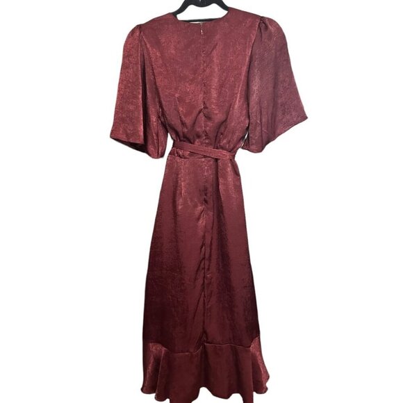 Lulus‎ Dress Wrapped in Love Burgundy Satin Faux Wrap Angel Sleeves & Belt XS - Picture 5 of 9